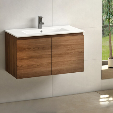 Bathroom Furniture Set: 1 Cabinet, 2 Doors + 1 Ceramic Basin, 80cm, Dark Walnut