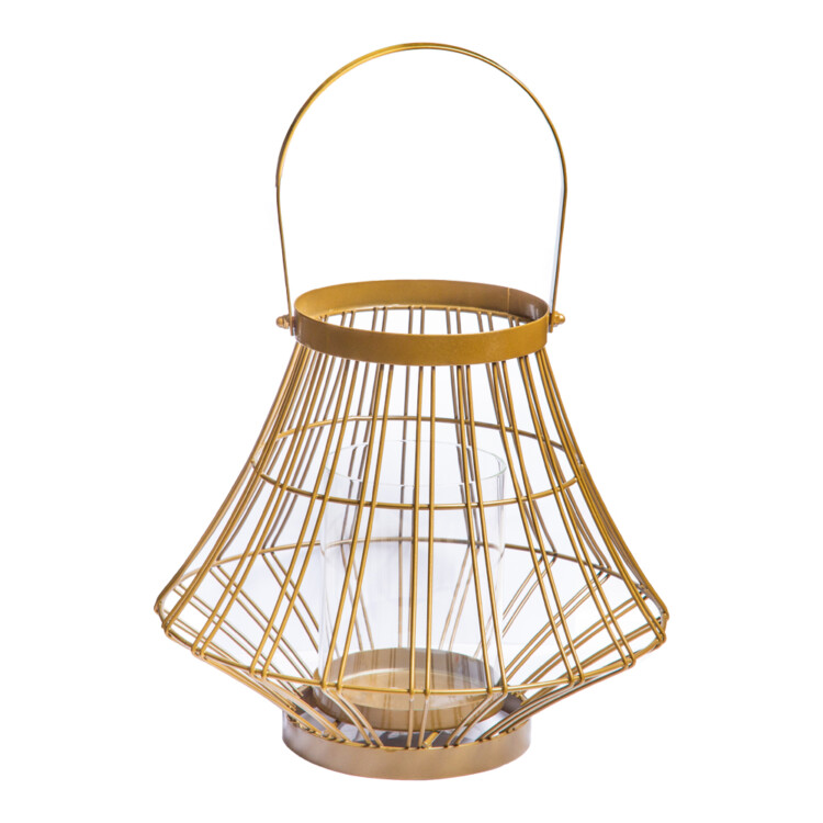 Metal Lantern With Glass, (25x25x21.6)cm, Matt Gold