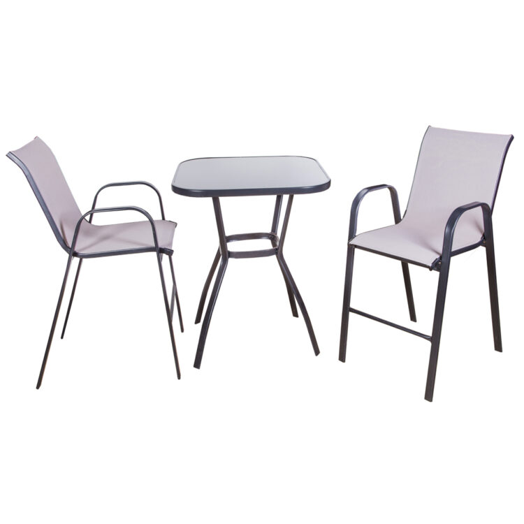 Garden Furniture Set: Outdoor Square Bar Table (Glass Top) + 2 Side Chairs, Black/Light Grey