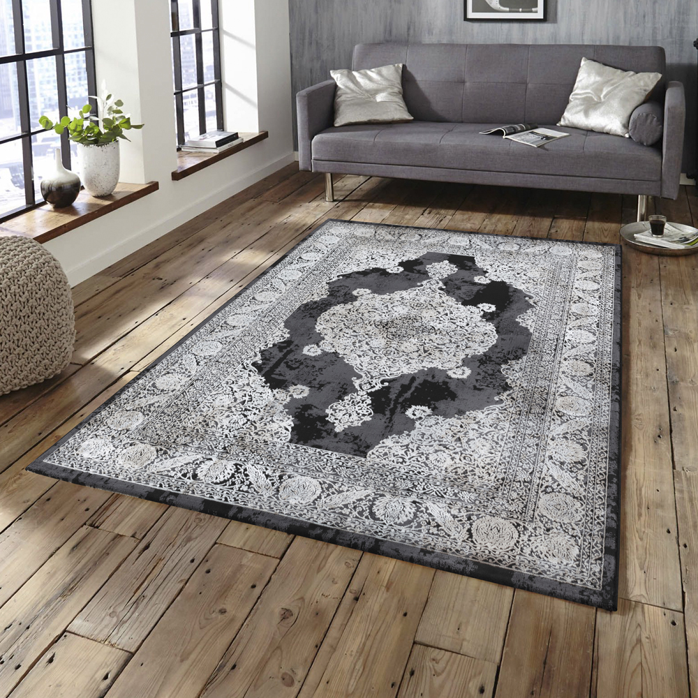 Ufuk: Retro Central Medallion Pattern Carpet Rug; (240x340)cm, Grey