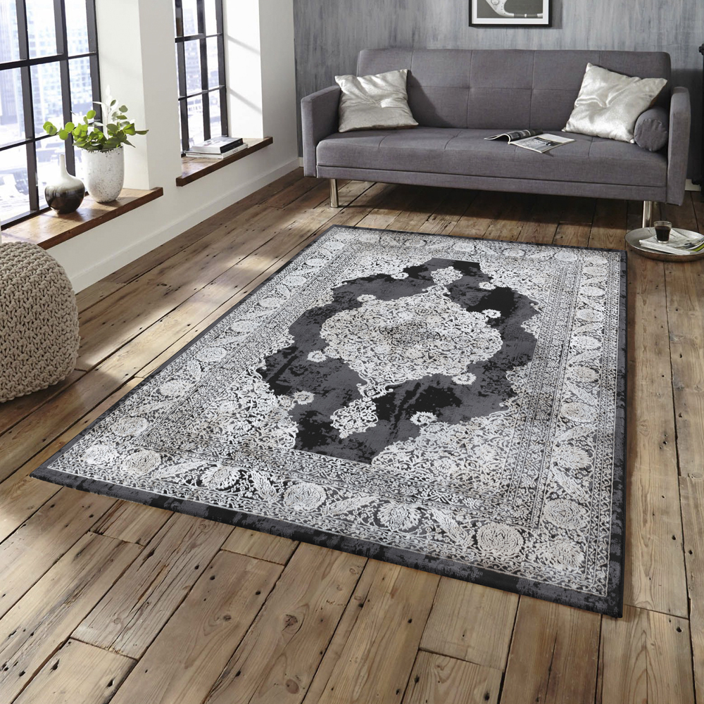 Ufuk: Retro Central Medallion Pattern Carpet Rug; (200x290)cm, Grey