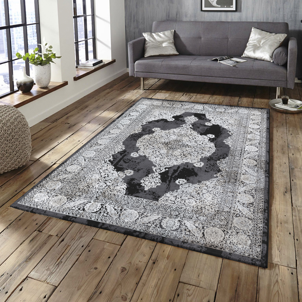 Ufuk: Retro Central Medallion Pattern Carpet Rug; (160x230)cm, Grey