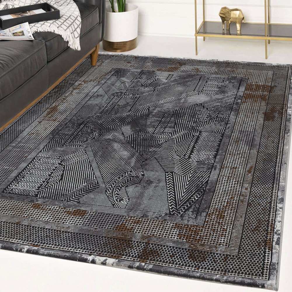 Ufuk: Retro Bordered Geometric Pattern Carpet Rug; (100x300)cm, Grey/Brown