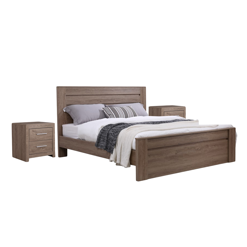 Wood Bed; (150×190)cm + 2 Night Stands, Walnut 1