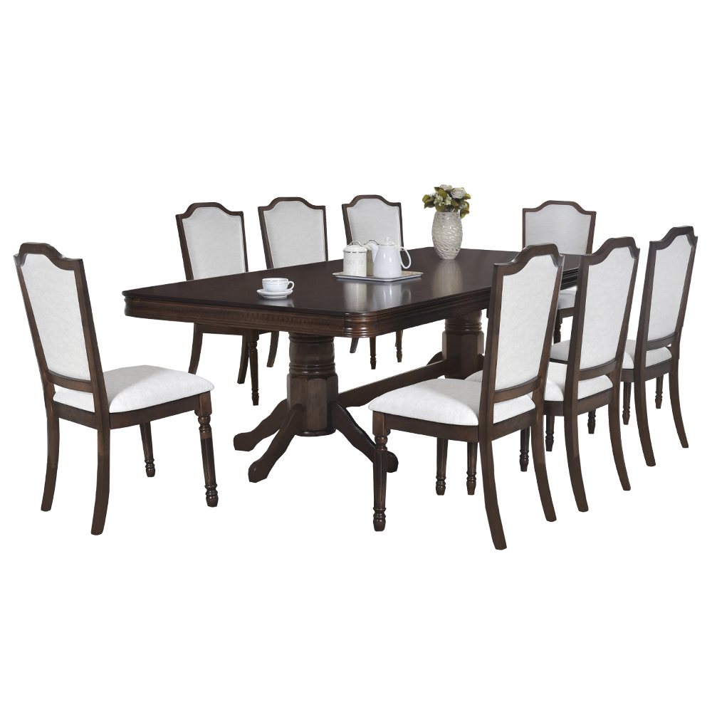 Nova Dining Table; (220×110)cm Wood Top + 8 Fabric Side Chairs, Coffee/Dorra 1