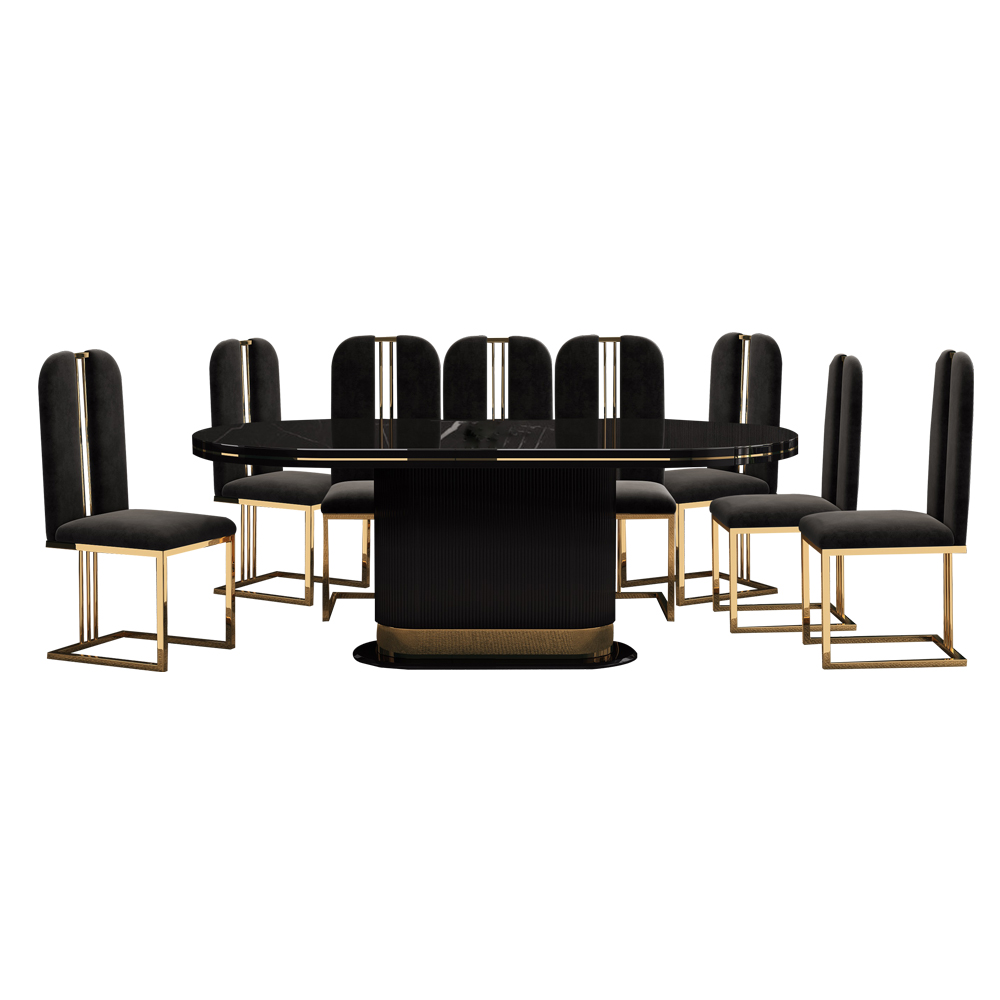 Dining Table; (200x100x75)cm + 8 Side Chairs, Glossy Black/Gold