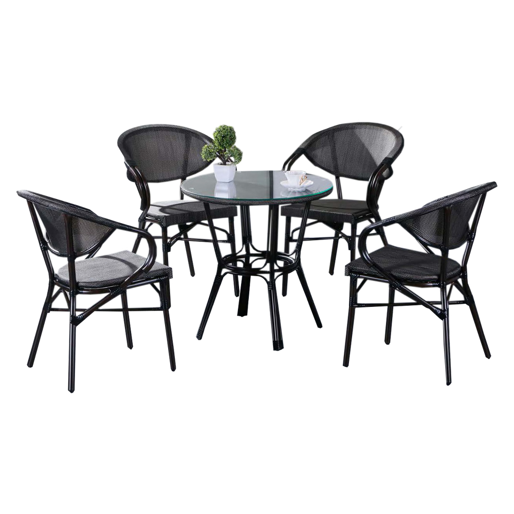 Garden Furniture Set: Outdoor Round Table (Glass Top)+ 4 Side Chairs; (69x57)cm