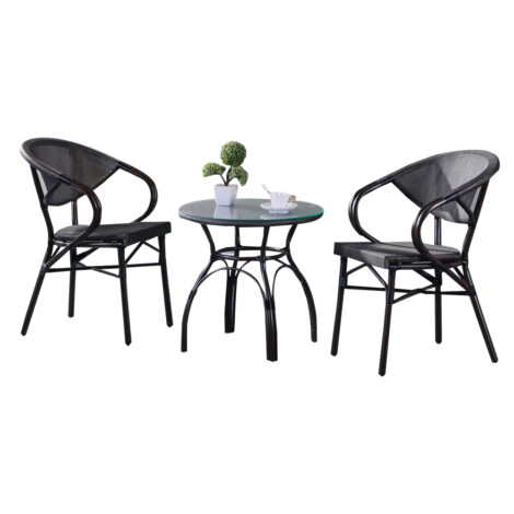 Garden Furniture Set: Outdoor Round Table (Glass Top)+ 2 Side Chairs ; (59x57)cm,  Brown/Grey