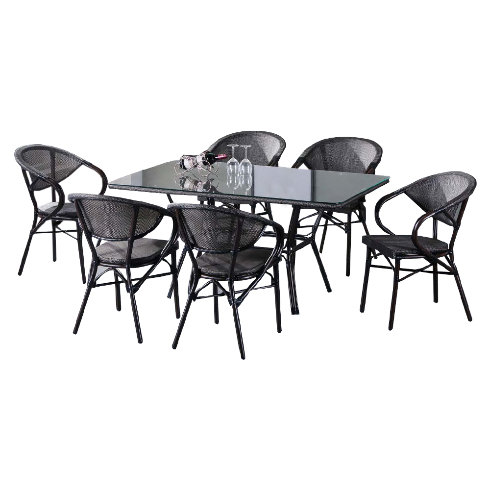 Garden Furniture Set: Outdoor Table (Glass Top)+ 6 Side Chairs; (150x90x72)cm
