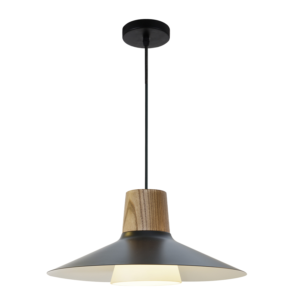 LED Pendant Lamp: Matt Black Iron/Deep Wood Color, E27; (Ø32xH15)cm 1
