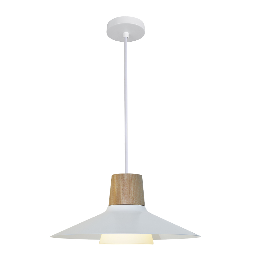 LED Pendant Lamp: Matt White Iron/Light Wood Color, E27; (Ø32xH15)cm 1