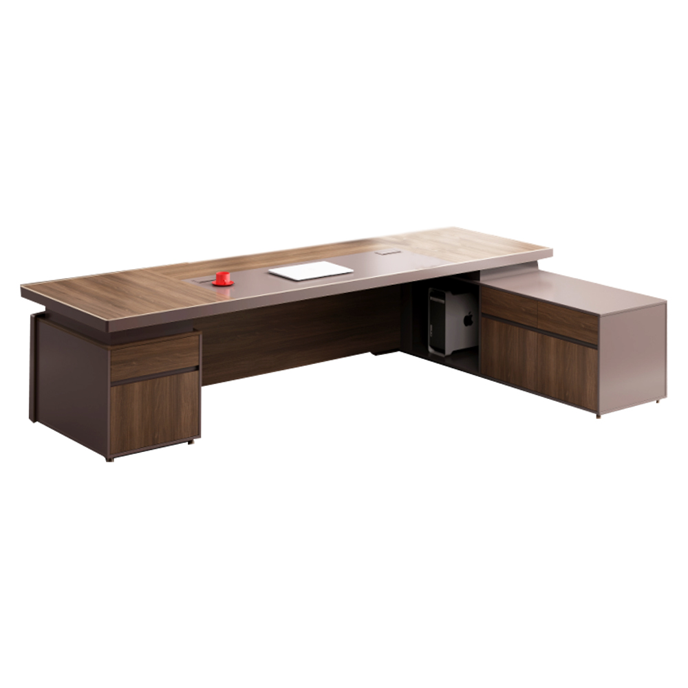 Executive Office Desk + Fixed Side Return + Pedestal; (320x196x75)cm, Brown Oak