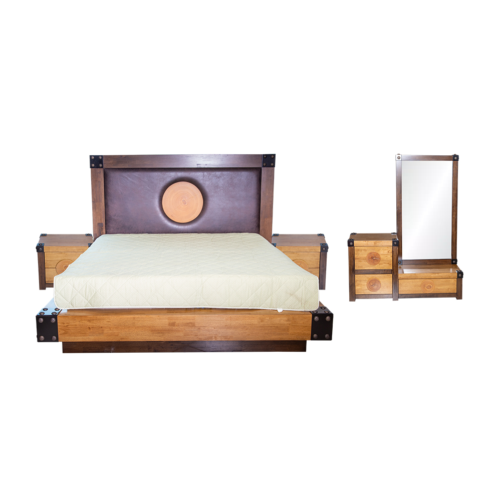 Bedroom Set: Bed, (213x220.5x150)cm + 2 Night Stands + Dressing Table (1.2M) + Mirror, Light/Dark Brown