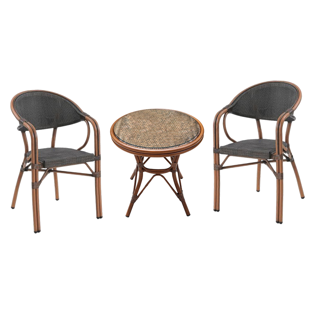 Garden Furniture Set: Outdoor Round Table+ 2 Arm Chairs; (60×60)cm, Brown 1