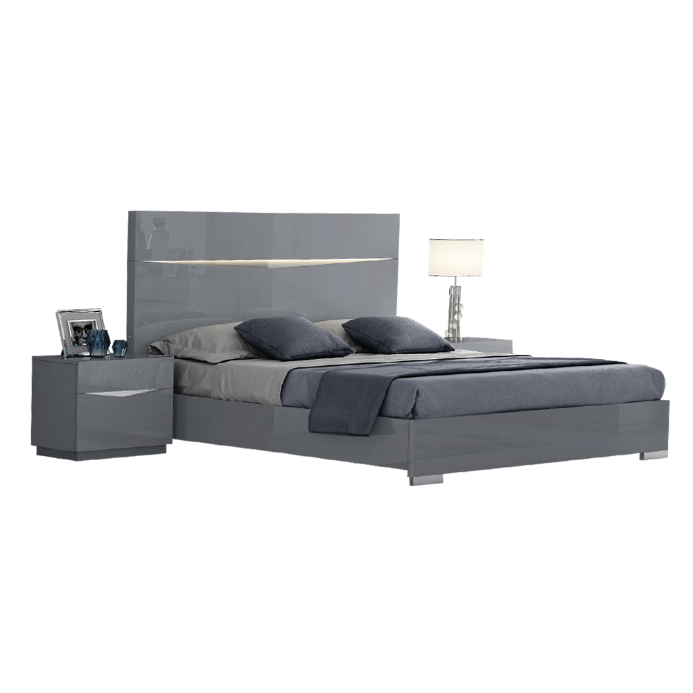 Queen Bed With LED Light + 2 Night Stands; (153×203)cm, Cool Grey 1