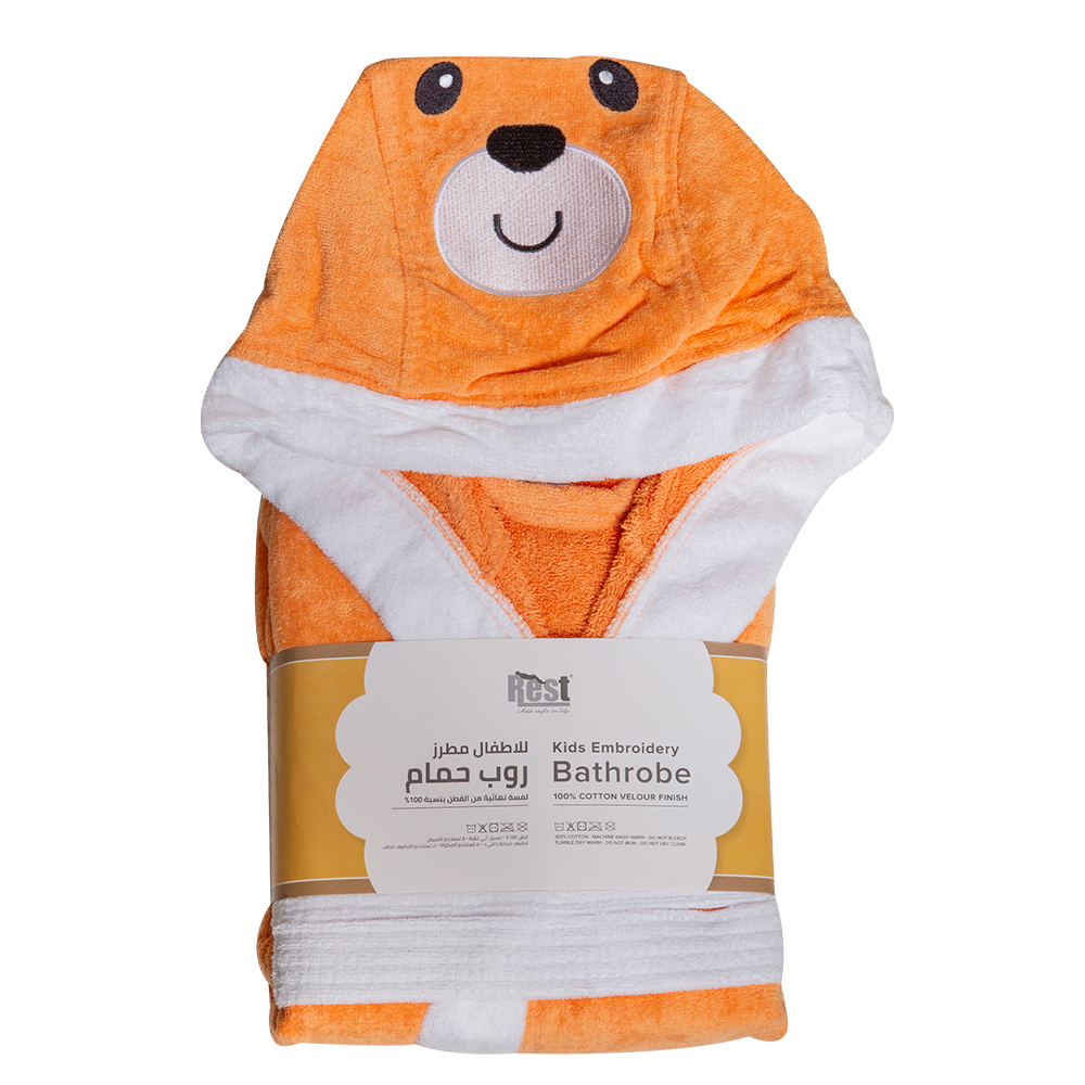 Rest Embroidered Kids Bath Robe, Orange 1