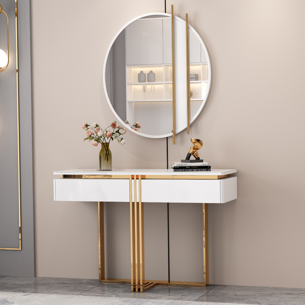 Console Table; (130x35x85)cm + Round Wall Mirror; (90×2