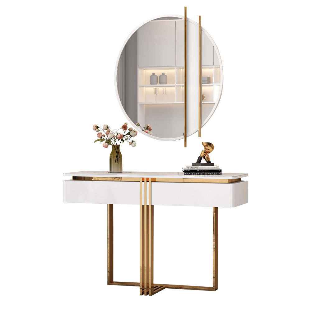 Console Table; (130x35x85)cm + Round Wall Mirror; (90x2.5)cm, White/Gold