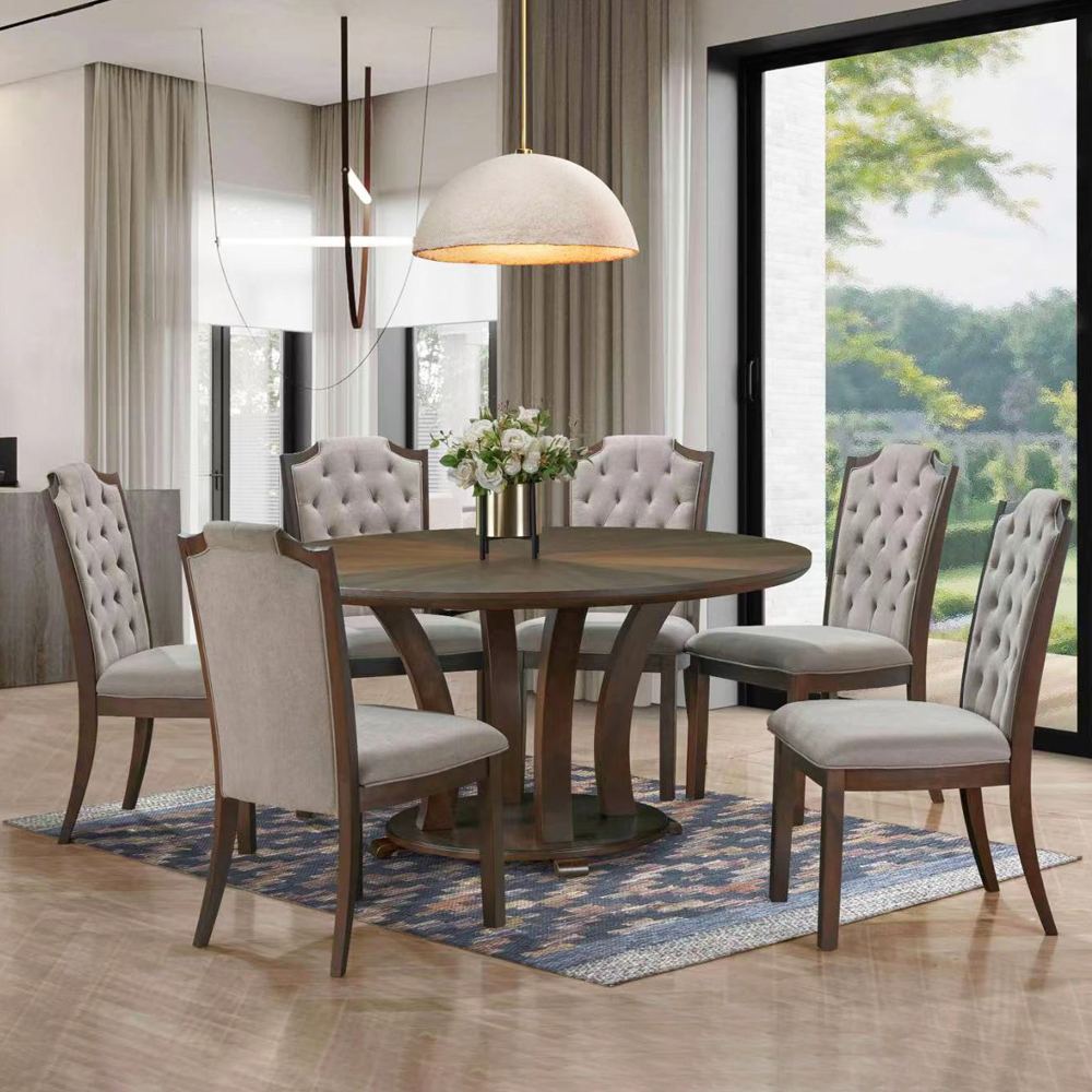 Dining Table (150x150x77.5)cm, Wood Top+ 6 Fabric Side Chairs, Brown