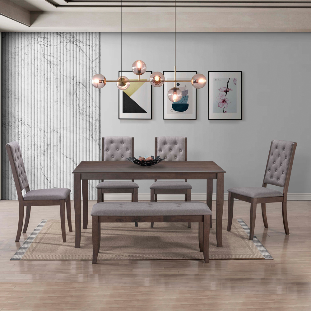 Dining Table (150x90x73.8)cm, Wood Top + 4  Side Chairs + 1 Bench; 107cm , Brown