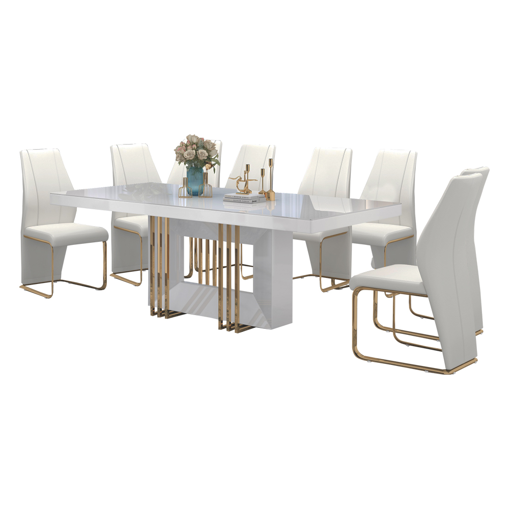 Dining Table + 8 Side Chairs;  (200x100x76)cm, Glossy White/Gold 1