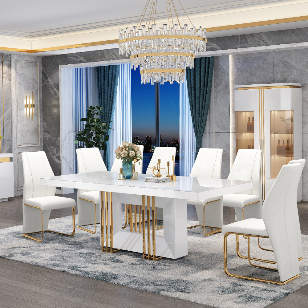 Dining Table + 8 Side Chairs;  (200x100x76)cm, Glossy White/Gold