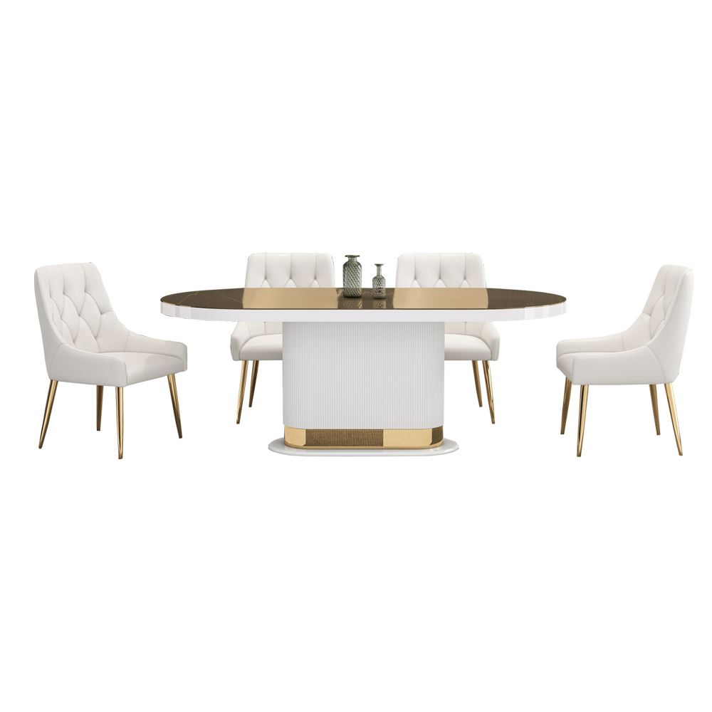 Dining Table + 8 Side Chairs; (200x100x75)cm, Glossy White/Gold 1