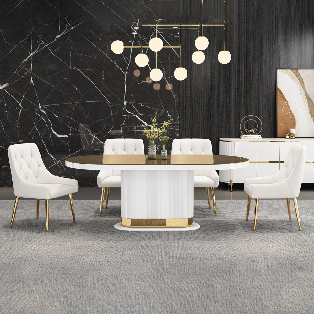 Dining Table + 8 Side Chairs; (200x100x75)cm, Glossy White/Gold