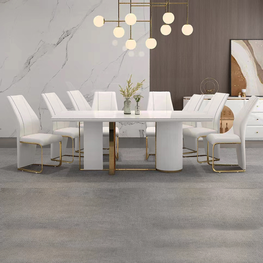 Dining Table; (200x100x76)cm+ 8 Side Chairs, White/Gold 1