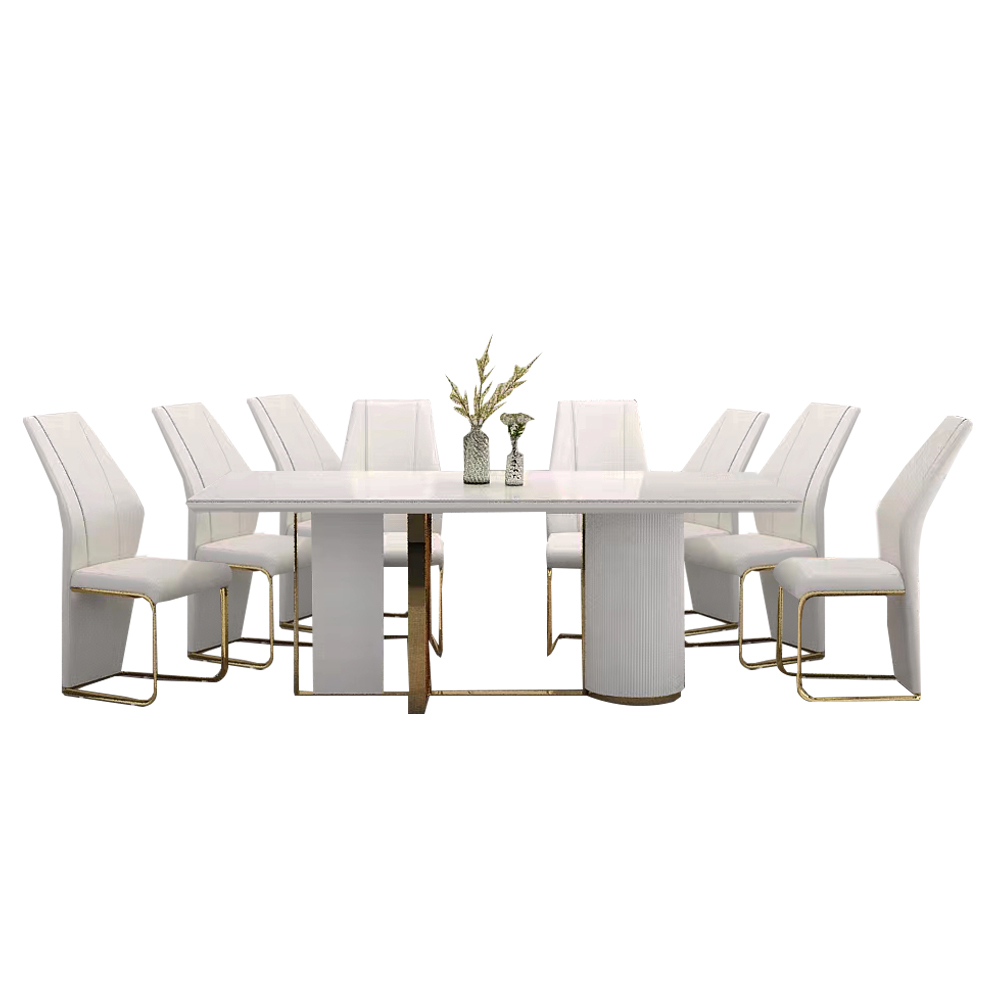 Dining Table; (200x100x76)cm+ 8 Side Chairs, White/Gold