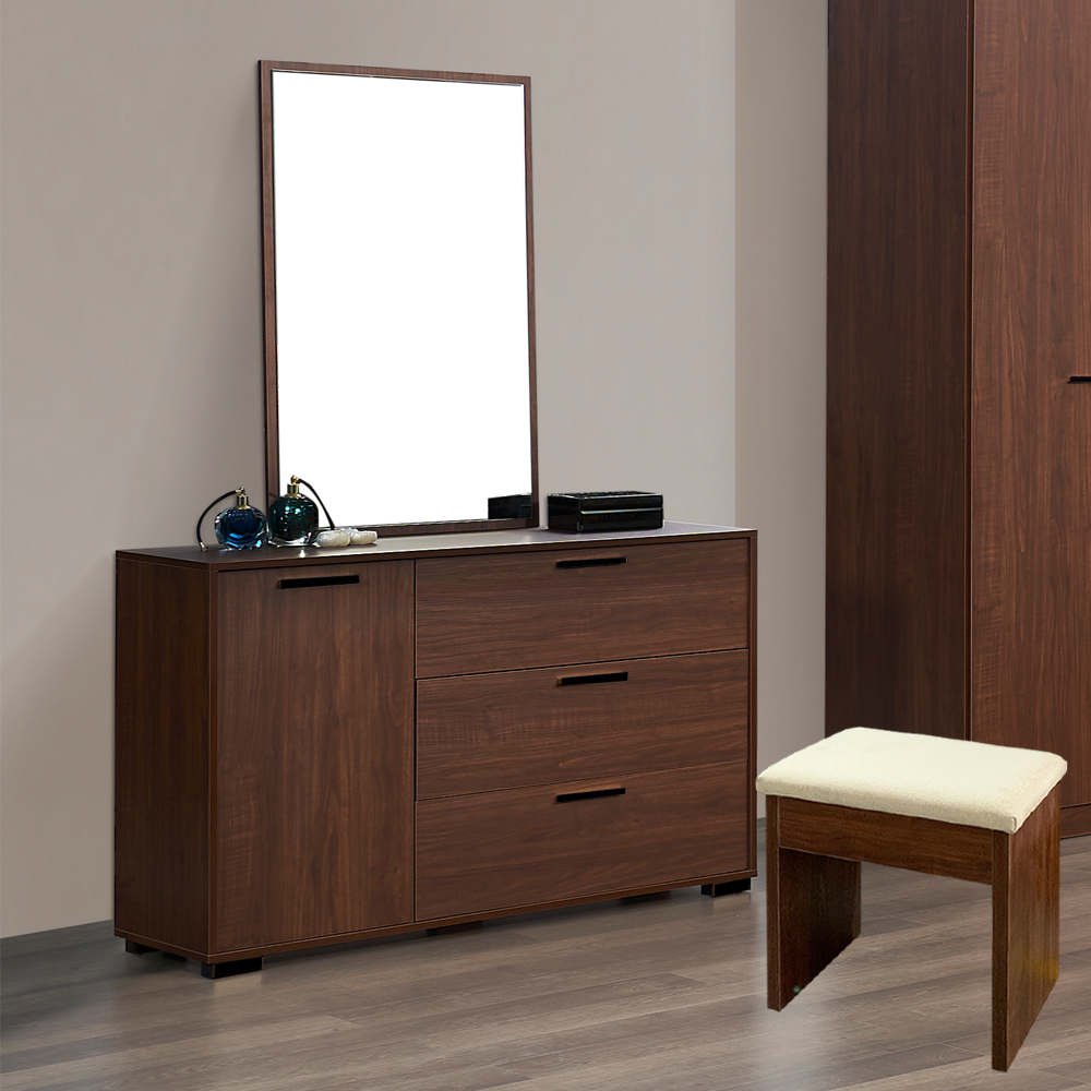 Dresser; (120x39.8x180)cm + Mirror (60x100)cm + Stool, Brown