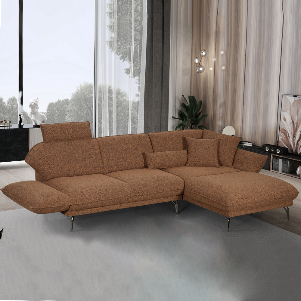 Fabric Corner Sofa-3 Seater + Chaise, Right, Brown