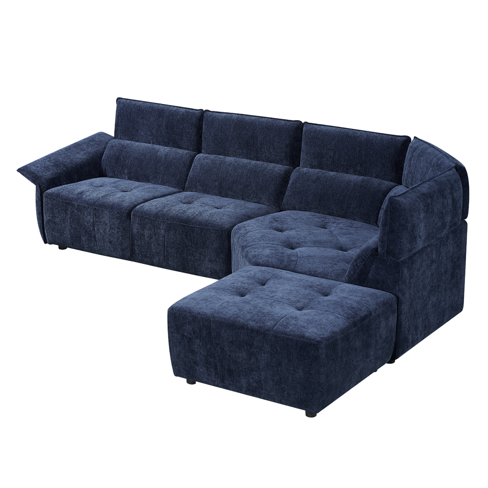 Fabric Corner Sofa-5 Seater + Ottoman, Dark Blue