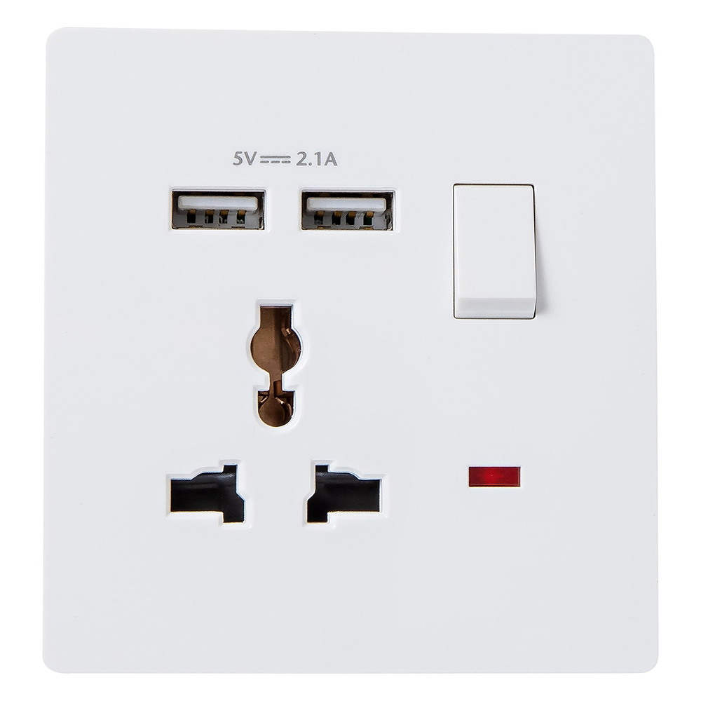 Domus; 1 Gang Switched Universal Socket With 2 USB Ports, 16A, 250V, White 1