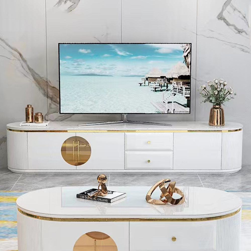 TV Cabinet; (200x40x40)cm, White/Gold