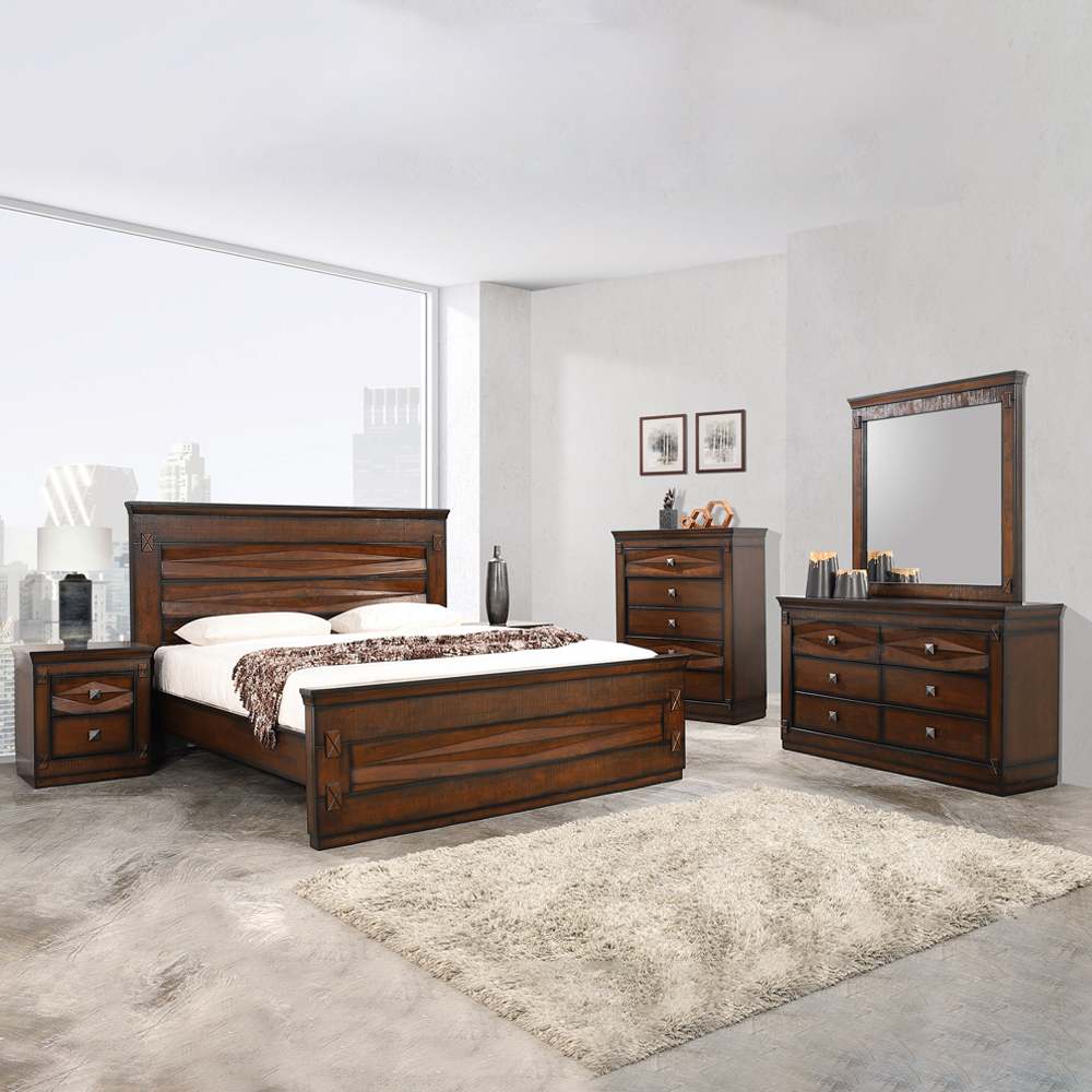 King Bed; (180×200)cm+2 Night Stands + Dresser + Mirror, Brown 1