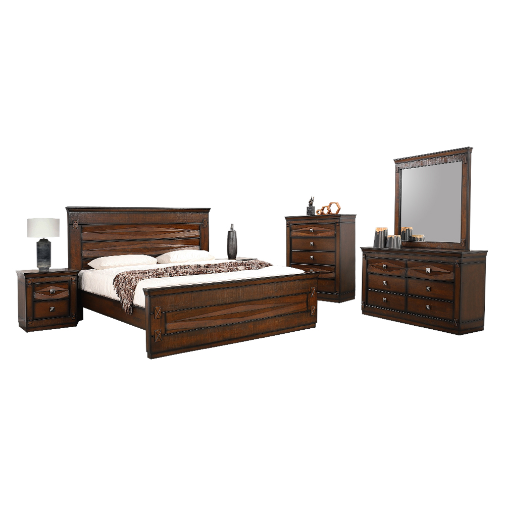 King Bed; (180x200)cm+2 Night Stands + Dresser + Mirror, Brown