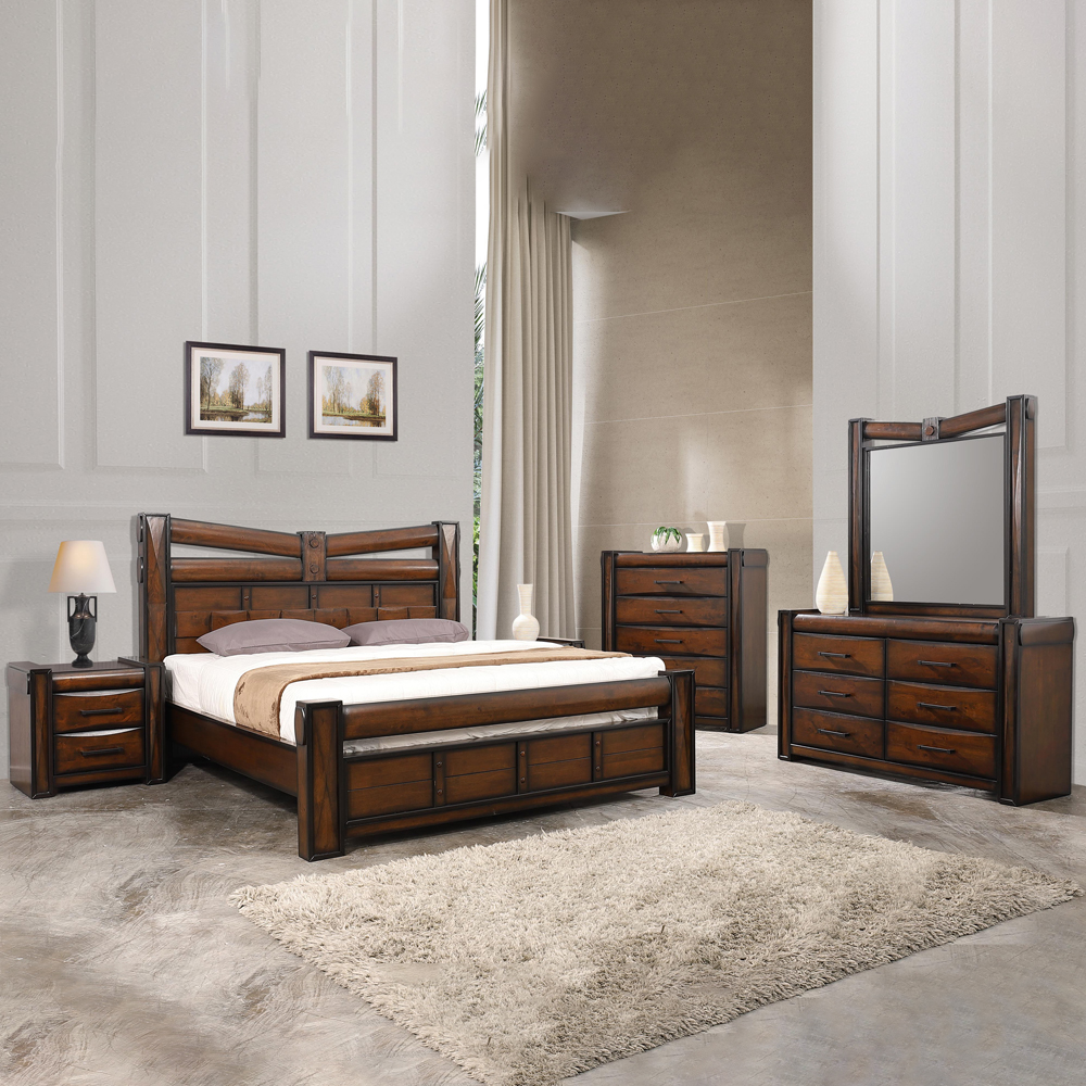 King Bed; (180×200)cm+2 Night Stands + Dresser + Mirror, Brown 1