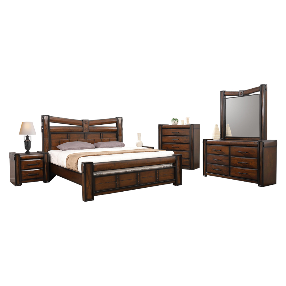 King Bed; (180x200)cm+2 Night Stands + Dresser + Mirror, Brown