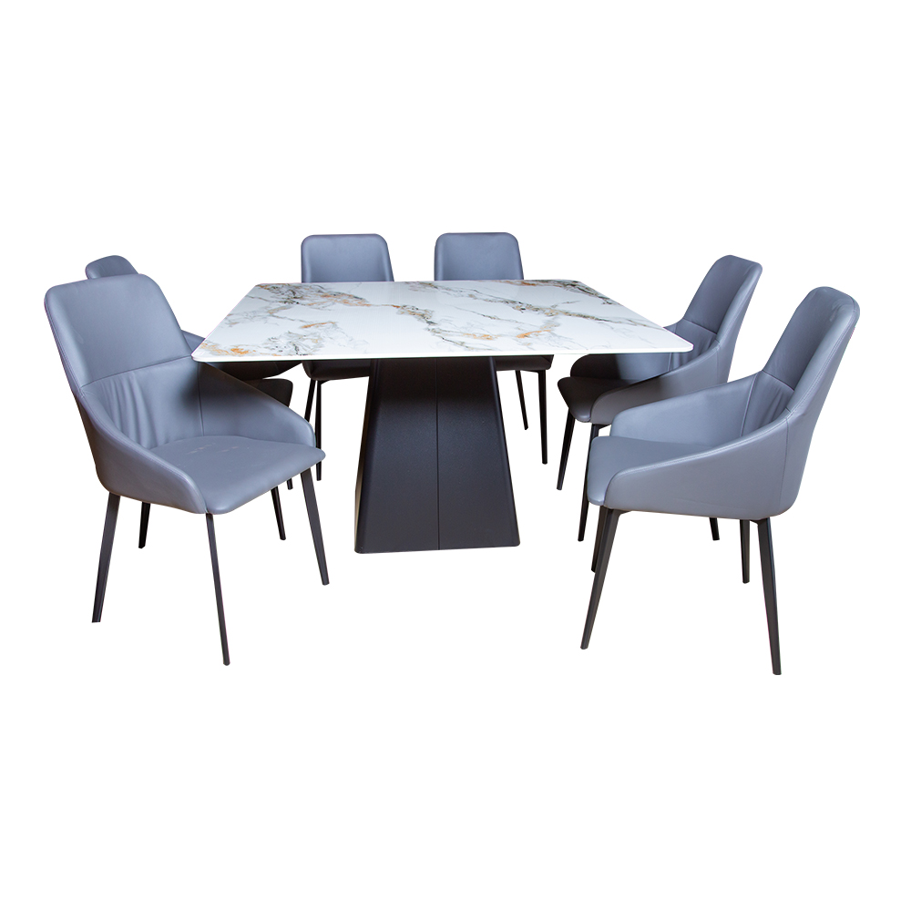 Dining Table-Ceramic Top+ 6 PU Side Chairs (1.3×1