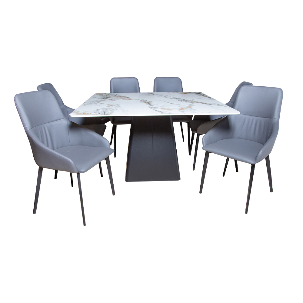 Dining Table-Ceramic Top+ 6 PU Side Chairs (1.3x1.3M)