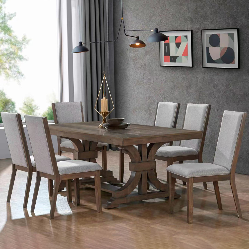 Dining Table (200x100x81.5)cm, Wood Top + 6 Fabric Side Chairs, Antique Grey