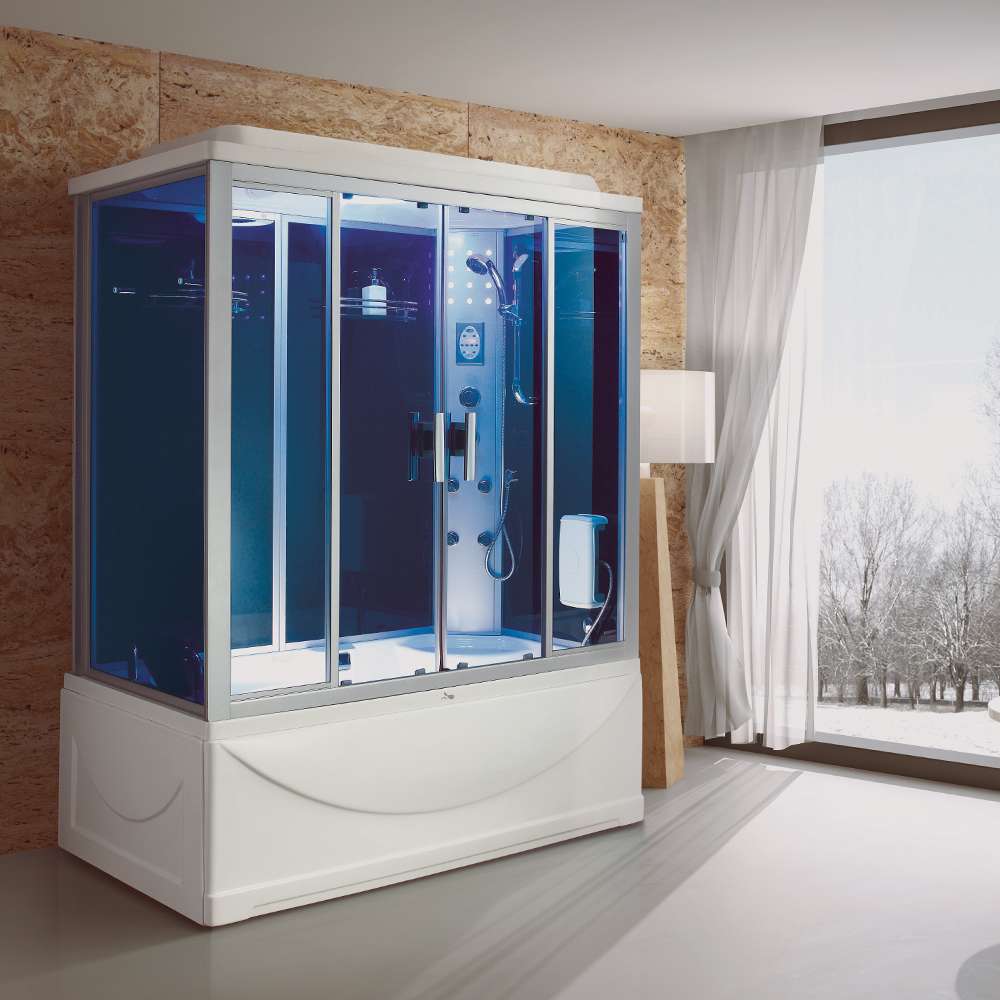 Steam Room +Jacuzzi Bathtub + Computer & Remote Control + Radio + Phone + Fan + Foot Massage + Bluetooth + Blue Glass; (171x91x220)cm 1