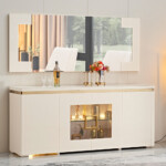 Dining Cabinet, (9180x40x80)cm + Wall Mirror, (180x2.5x70)cm , Glossy Beige/Gold