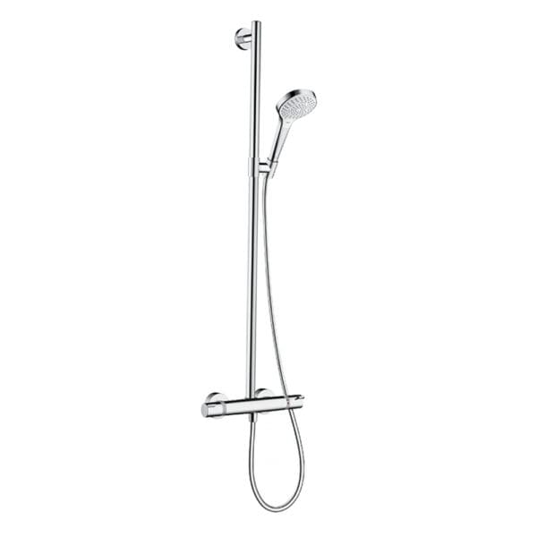 Hansgrohe Croma Select S Multi EcoSmart: Exposed Shower Pipe Complete with Thermostatic Mixer, White/CP #27249400