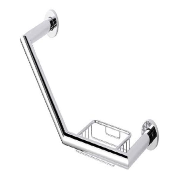 Angled Grab Bar with Soap Basket: Chrome Plated