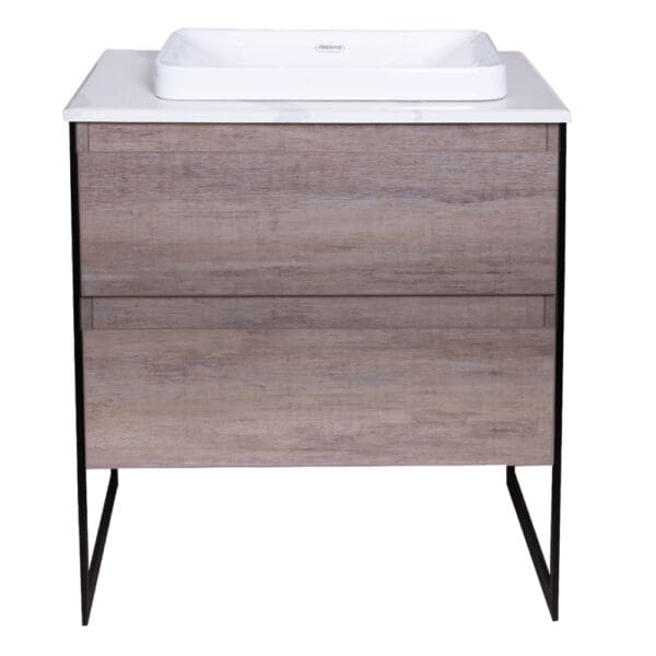 Bathroom Furniture Set: Vanity Cabinet, 2-Drawers + Quartz Stone Top + Ceramic Basin, Pine M.
