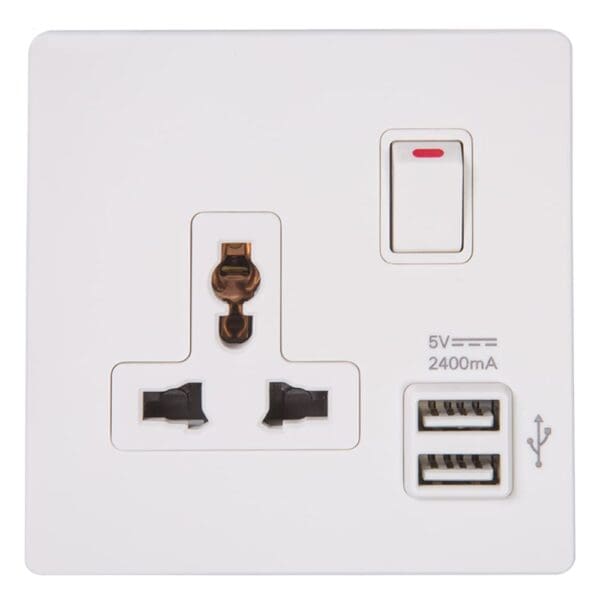Domus: 1 Gang Switched Universal Socket with 2 USB Ports; 13A, 250V, White
