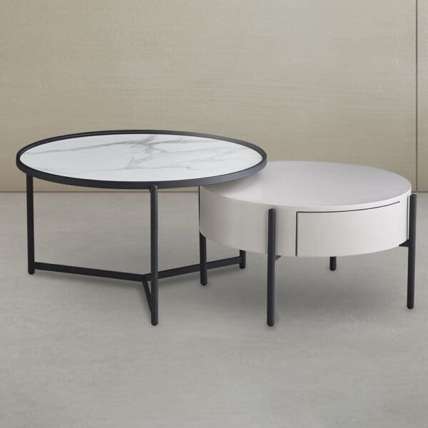 Coffee Table Set: 2pcs; Ceramic Top- With 1 Drawer