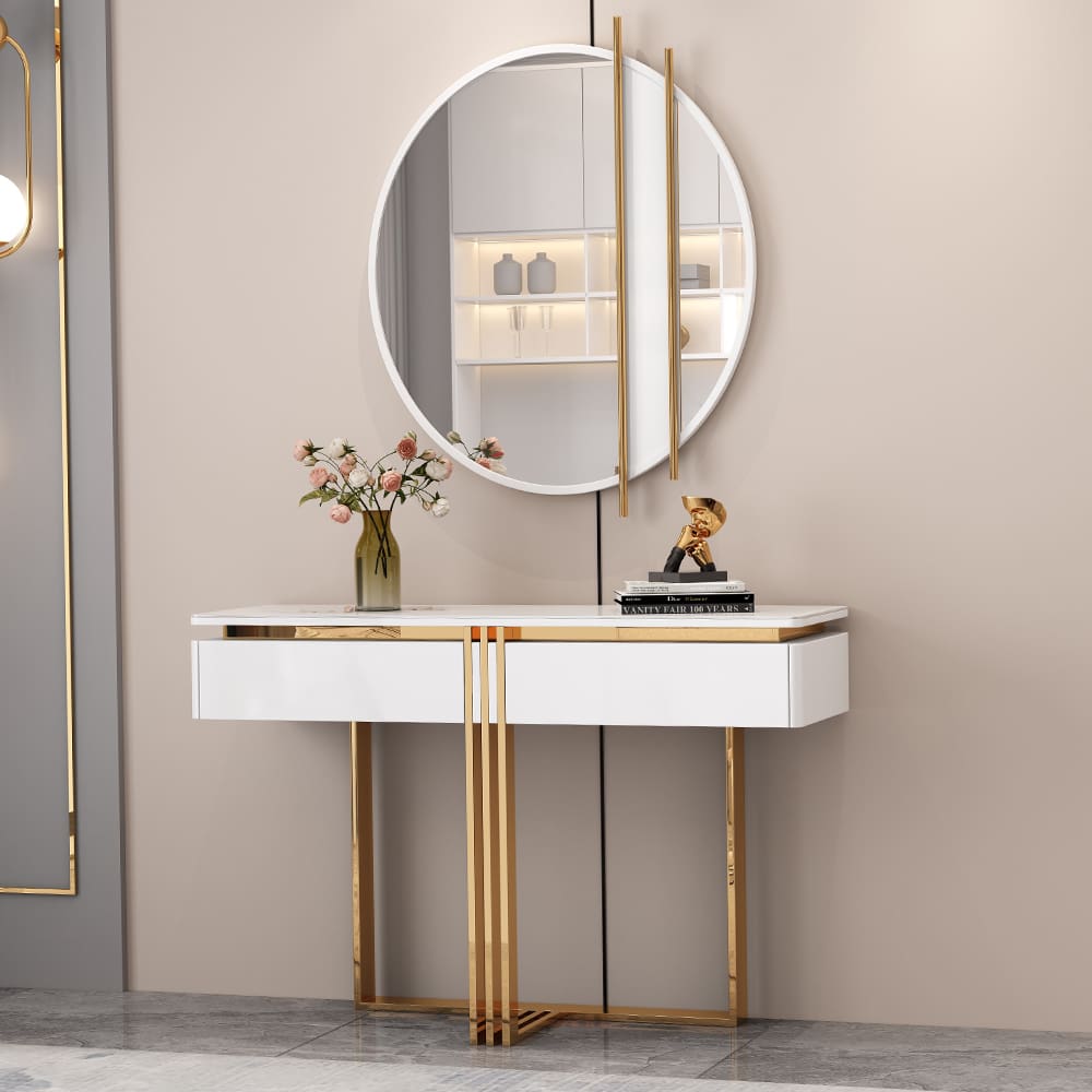 Console Table; (130x35x85)cm + Round Wall Mirror; (90x2.5)cm, White/Gold